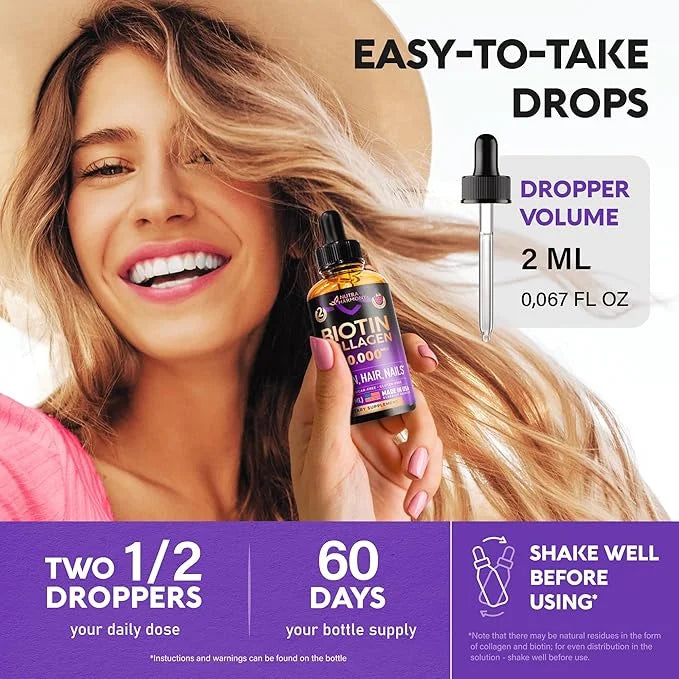 Liquid Biotin & Collagen - Vitamins for Hair Growth Support for Women & Men - Extra Strength 60000 mcg Drops - B7 Suppleme...