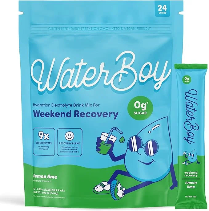 Waterboy Weekend Recovery | 3,200mg Electrolyte Powder Packets | Ginger + L-Theanine + Vitamins | No Sugar, All Natural, G...