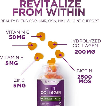 Collagen Gummies with 2500mcg Biotin, Vitamin 1 & 3 Collagen 60 Count