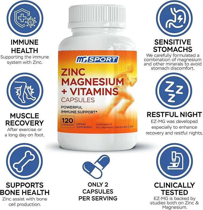 Magnesium Zinc Supplement with Vitamins B6, B9, MGSPORT 120 Capsules