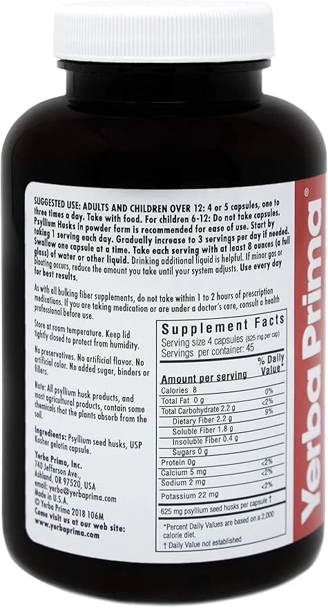 Yerba Prima Psyllium Husks Caps Dietary 625 mg, 180 Capsules