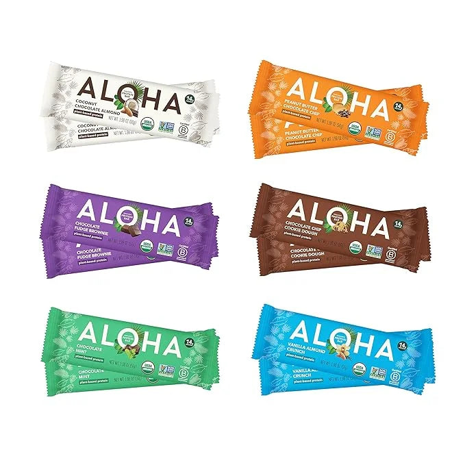 ALOHA Organic Plant Based Protein Bars - 6 Flavor Variety Pack - 12 Count, 1.9oz Bars - Vegan Snacks, Low Sugar, Gluten-Fr...