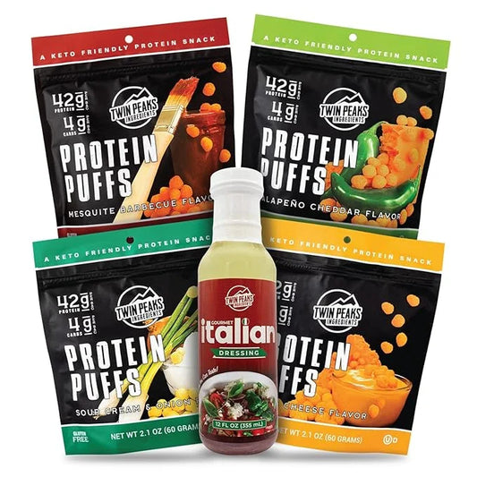 Twin Peaks Protein Puffs & Italian Dressing Starter Pack – Low Carb, Keto-Friendly, High Protein, Gluten-Free Snack - Prod...