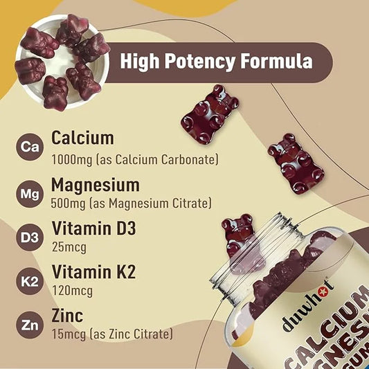 Calcium Magnesium Zinc Gummies with Vitamin D3 & K2, Chewable 60 Count