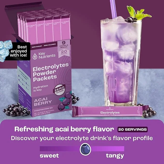 KEY NUTRIENTS Multivitamin Electrolytes Powder Packets - Delicious Acai Berry 40 Pack Hydration Packets - Travel Hydration...