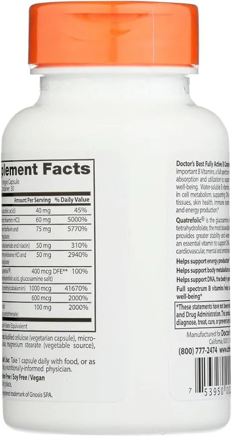 Doctors Best Fully Active B Complex, Energy & Cellular Support, Non-GMO, Gluten Free, Soy Free, Vegan 30 Veggie Caps - Pro...