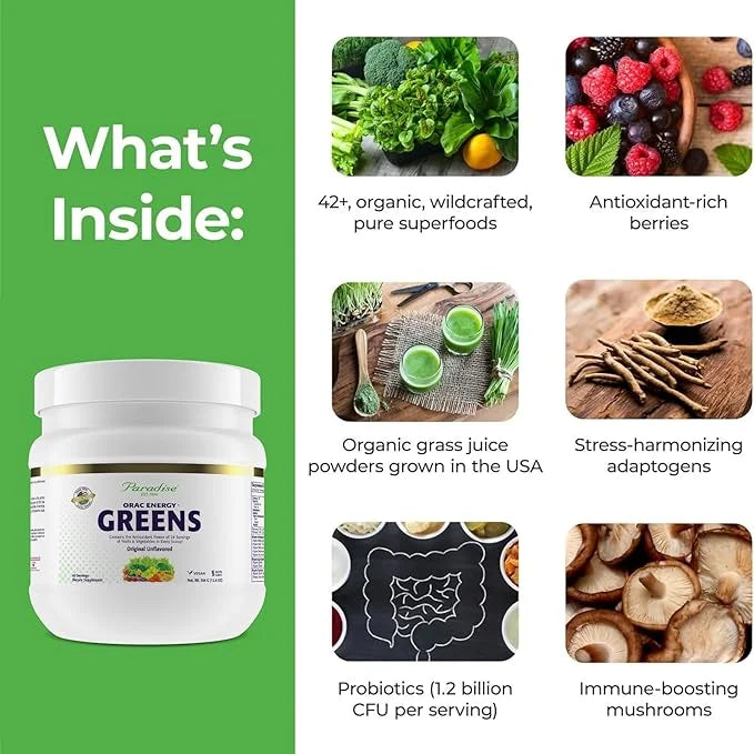Paradise, ORAC Energy Greens Powder Extract, Super Antioxidants, Probiotics for Gut Health & Digestion, Vitamin C for Immu...