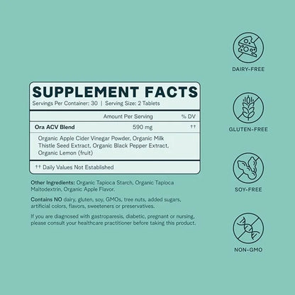 Ora Organic Apple Cider Vinegar Pills 1 Month 60 Vegan
