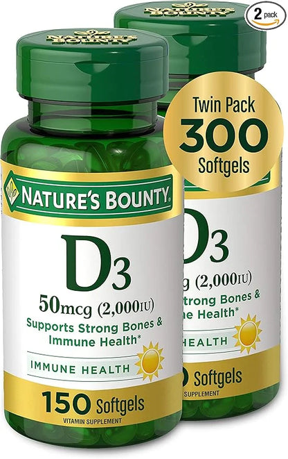 Nature's Bounty Vitamin D3, Vitamin Supplement, 50mcg, 2000IU,150 2000IU,150 Count 2)