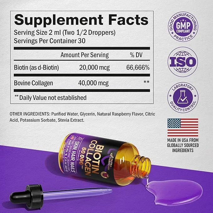 Liquid Biotin & Collagen - Vitamins for Hair Growth Support for Women & Men - Extra Strength 60000 mcg Drops - B7 Suppleme...