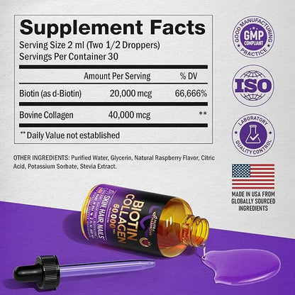 Liquid Biotin & Collagen - Vitamins for Hair Growth Support for Women & Men - Extra Strength 60000 mcg Drops - B7 Suppleme...