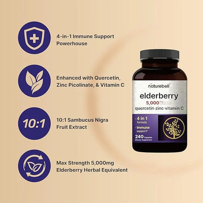 NatureBell Sambucus Elderberry Capsules, 5000mg Per 500mg, Vitamin 240 Count 4 in 1 Immune