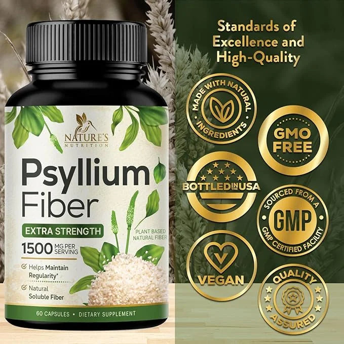 Psyllium Husk Capsules 1500mg, Natural Soluble 60 Capsules