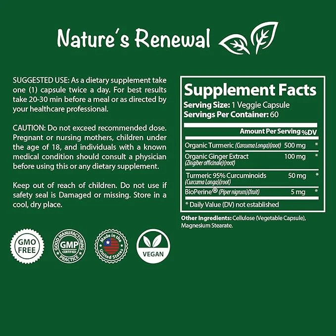 Nature's Renewal Turmeric + Ginger 95% Standardized 60 Capsules