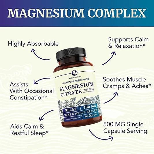 Magnesium Citrate Complex 500 MG for Calm, Relaxation, Constipation & Digestion Support | High Absorption Magnesium Supple...