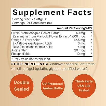 Lutein 40mg and Zeaxanthin 1,600mcg Per 360 Softgels 4 in 1 with Omega-3s, Astaxanthin,