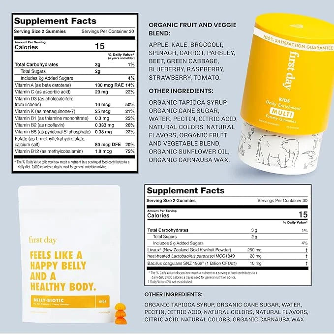 FIRST DAY Kids Daily Multivitamin + Tribiotic Gummies – Vitamin A, D3, B6, B12, C, Pre+, Post+, Probiotics & More to Suppo...