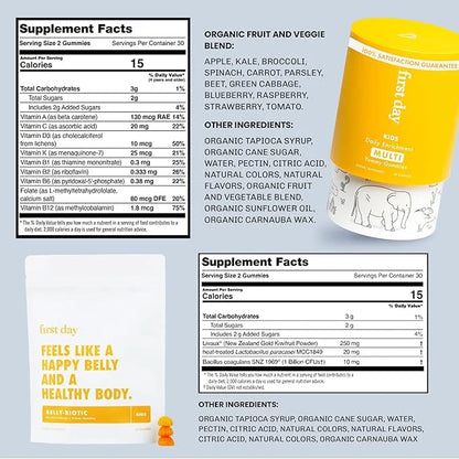 FIRST DAY Kids Daily Multivitamin + Tribiotic Gummies – Vitamin A, D3, B6, B12, C, Pre+, Post+, Probiotics & More to Suppo...
