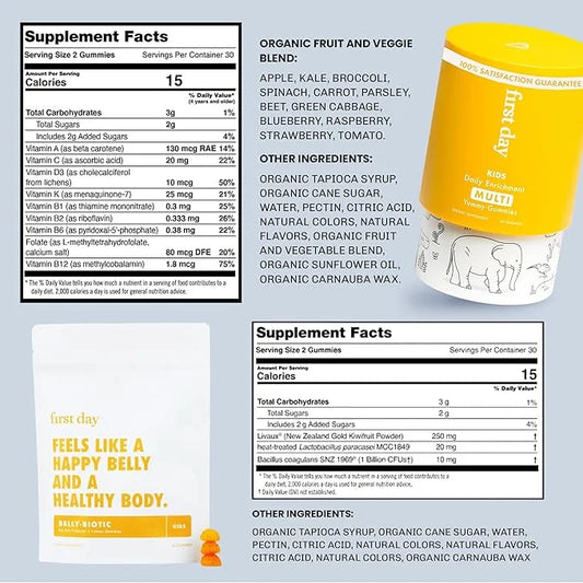 FIRST DAY Kids Daily Multivitamin + Tribiotic Gummies – Vitamin A, D3, B6, B12, C, Pre+, Post+, Probiotics & More to Suppo...
