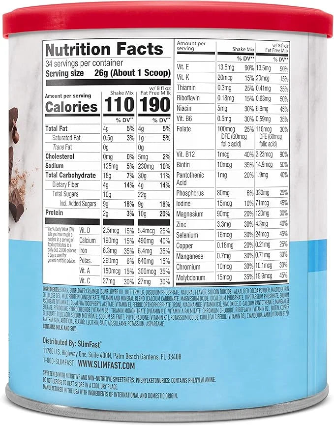 SlimFast Original Meal Replacement Powder, Rich Chocolate Royale, Weight Loss Shake Mix, 10g of Protein, 34 Servings (Pack...