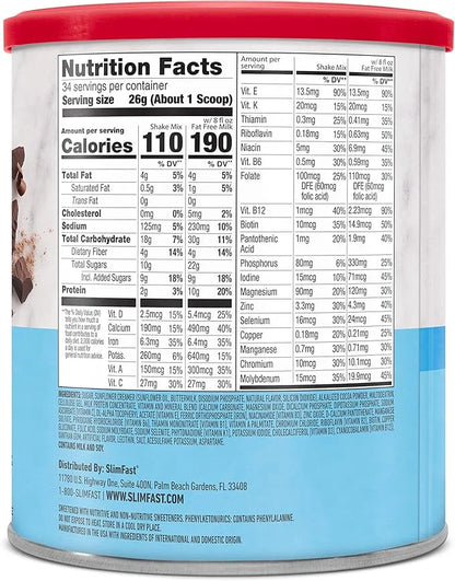 SlimFast Original Meal Replacement Powder, Rich Chocolate Royale, Weight Loss Shake Mix, 10g of Protein, 34 Servings (Pack...