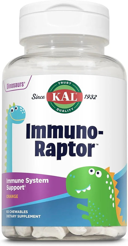 KAL ImmunoRaptor Kids Immune Support Chewables, Vitamin C and Zinc for Healthy Cell Function, Dinosaur Shaped, Orange Flav...