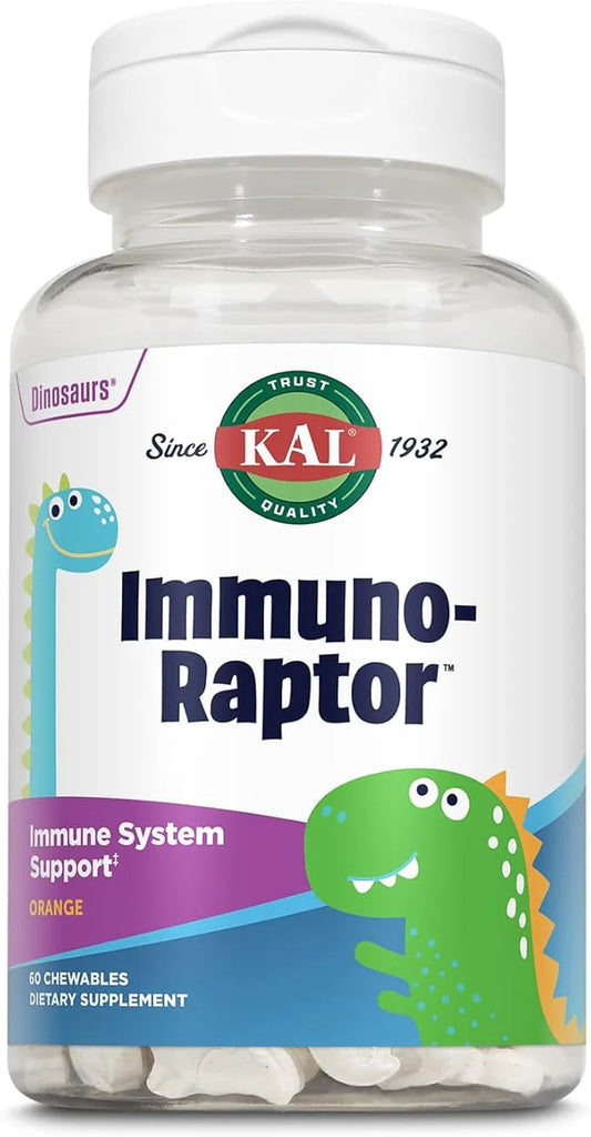 KAL ImmunoRaptor Kids Immune Support Chewables, Vitamin C and Zinc for Healthy Cell Function, Dinosaur Shaped, Orange Flav...