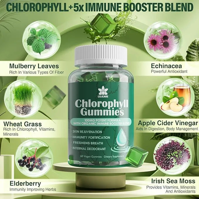 Sugar Free Chlorophyll Gummies - with Unfiltered ACV, Sea Moss & Elderberry, Echinacea, Vitamin D3, C, E, B12 - Natural De...