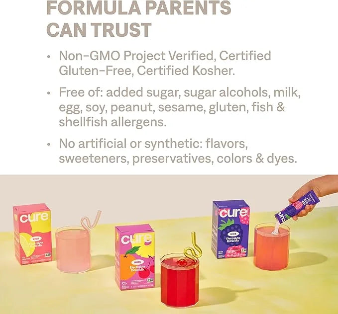 Cure Hydration - Kids Electrolyte Drink Mix | Plant-Based Pediatrician Formulated Rehydration | No Added Sugar, Non-GMO, G...