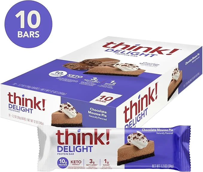 think! Delight, Keto Protein Bars, Healthy Low Carb, Gluten Free Snack - Chocolate Mousse Pie, 10 Count (Packaging May Var...