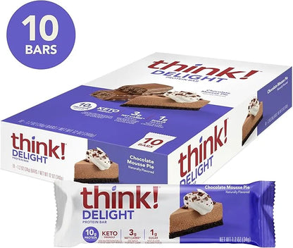 think! Delight, Keto Protein Bars, Healthy Low Carb, Gluten Free Snack - Chocolate Mousse Pie, 10 Count (Packaging May Var...