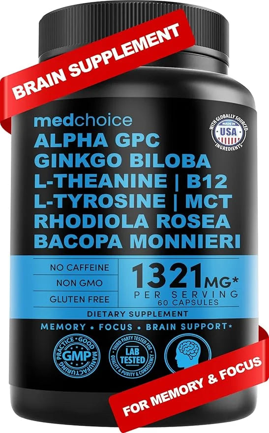 12-in-1 Nootropic Brain Supplement Anhydrous: Ginkgo Biloba for Brain Support, Memory and Focus - B12, Alpha GPC, L Theani...