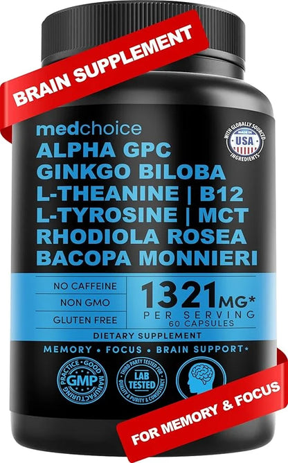 12-in-1 Nootropic Brain Supplement Anhydrous: Ginkgo Biloba for Brain Support, Memory and Focus - B12, Alpha GPC, L Theani...