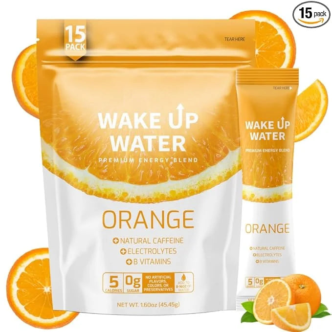 Wake Up Water - Energy + Hydration Sugar Free 15 Packs, Orange Flavor - Energy Drink Powder, Electrolytes Powder Drink, Na...