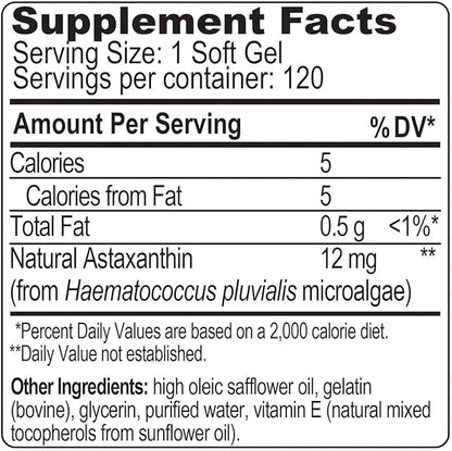 BioAstin Astaxanthin 12mg, 120ct 100% Hawaiian