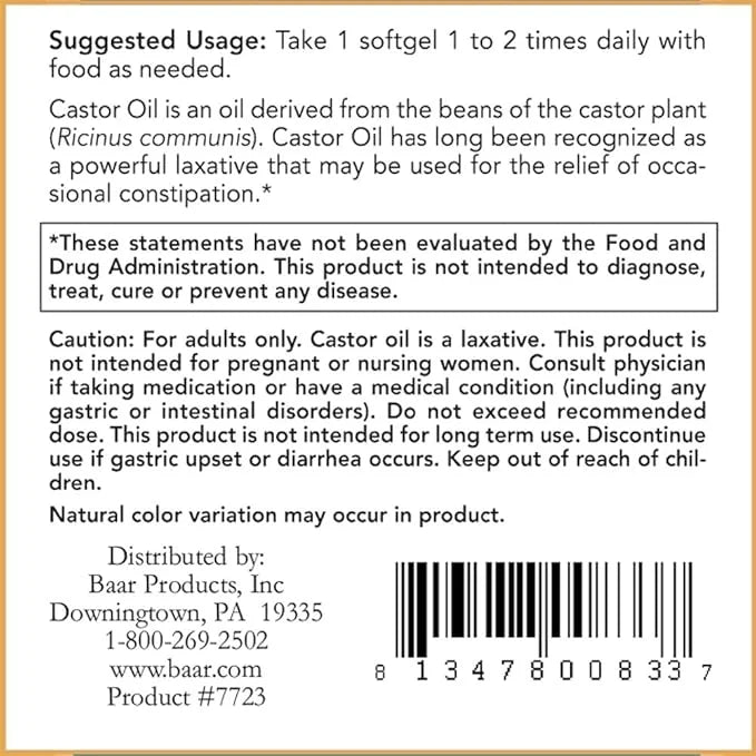 Baar Castor Oil Softgels Natural Laxative