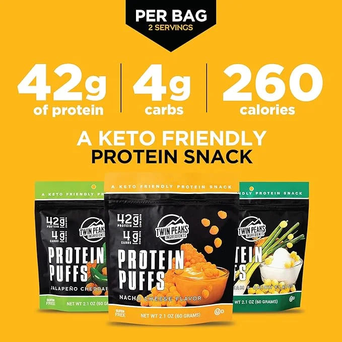 Twin Peaks Low Carb, Keto Friendly Protein Puffs, (Combo Pack, 2.1 Ounce), 2 Servings, 3 Pack (60g, 42g Protein, 4g Carbs)...