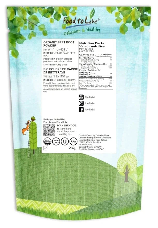 Food to Live Organic Beet Root Powder, 1 Pounds — Non-GMO, Raw, Kosher, 100% Pure, Vegan Superfood, Bulk, Rich in Iron and...