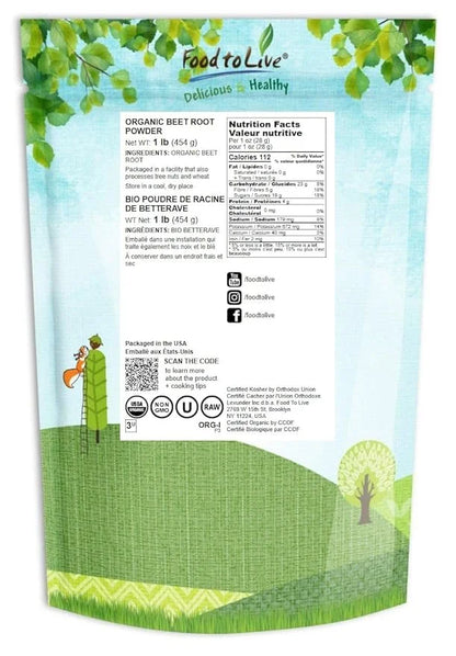 Food to Live Organic Beet Root Powder, 1 Pounds — Non-GMO, Raw, Kosher, 100% Pure, Vegan Superfood, Bulk, Rich in Iron and...