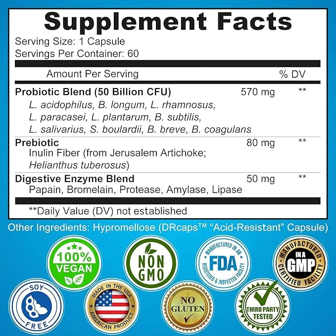 Probiotics with Digestive Enzymes and Prebiotic 3-In-1 Vegan 60 count