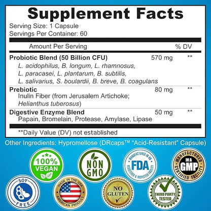 Probiotics with Digestive Enzymes and Prebiotic 3-In-1 Vegan 60 count