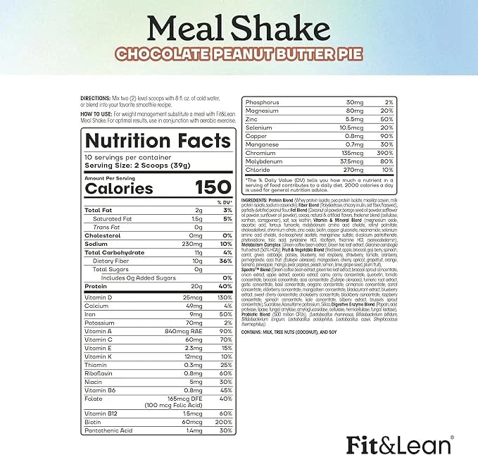 Fit & Lean Meal Shake Meal Replacement with Protein, Fiber, Probiotics and Organic Fruits & Vegetables, Chocolate Peanut B...
