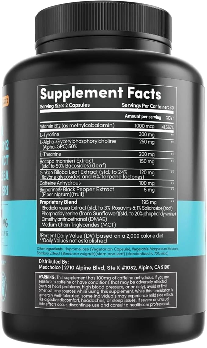 12-in-1 Nootropic Brain Supplement with Caffeine Anhydrous - Ginkgo Biloba for Brain Support, Memory, Focus - B12, Alpha G...