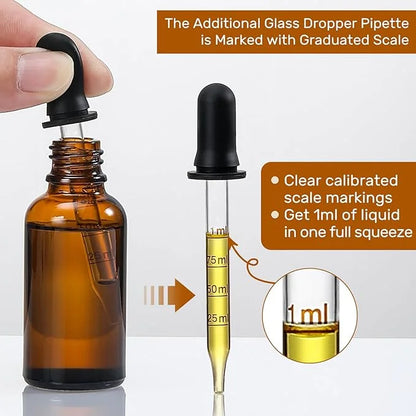 4 Pack, 1 oz Amber Glass Dropper Bottles Plus 2pcs Graduated Calibrated Glass Pipettes (1ml)- 30ml Dark Brown Tincture Bot...