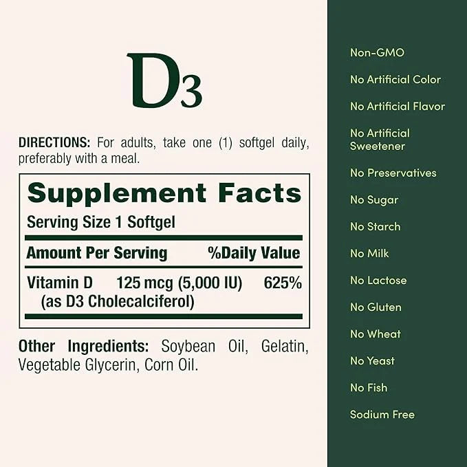 Nature's Bounty Vitamin D3, Immune Support, 125 mcg (5000iu), Rapid 240 Ct