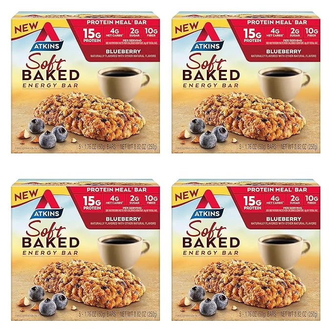 Atkins Soft Baked Energy Bars, Blueberry, 15g Protein,2g Sugar, Excellent Source of Fiber, Low Carb, 4 Packs (5 Bars Each)...