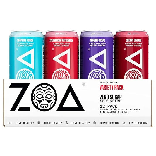 ZOA Zero Sugar Energy Drinks, Variety Pack - Sugar Free with Electrolytes, Healthy Vitamin C, Amino Acids, Essential B-Vit...