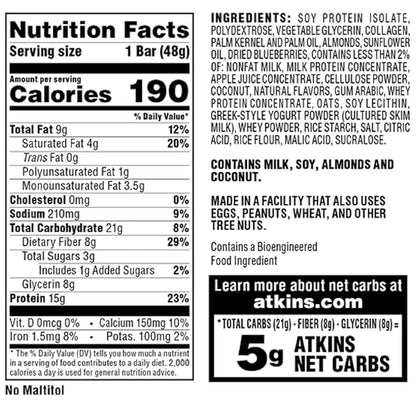 Atkins Blueberry Greek Yogurt Protein Meal Bar, High Fiber, 15g Protein, 3g Sugar, 5g Net Carbs, Meal Replacement, Keto Fr...