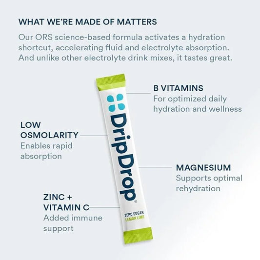 DripDrop Hydration - Zero Sugar Lemon Lime - Electrolyte Drink Mix Single Serve Powder Packets | Non-GMO, Gluten Free, Veg...