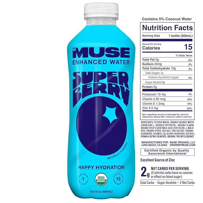MyMuse Organic Enhanced Flavored Water, Super Berry, 16.9 Fl Oz Bottle (12 pack), 1G of Sugar, Immune Support with Zinc & ...
